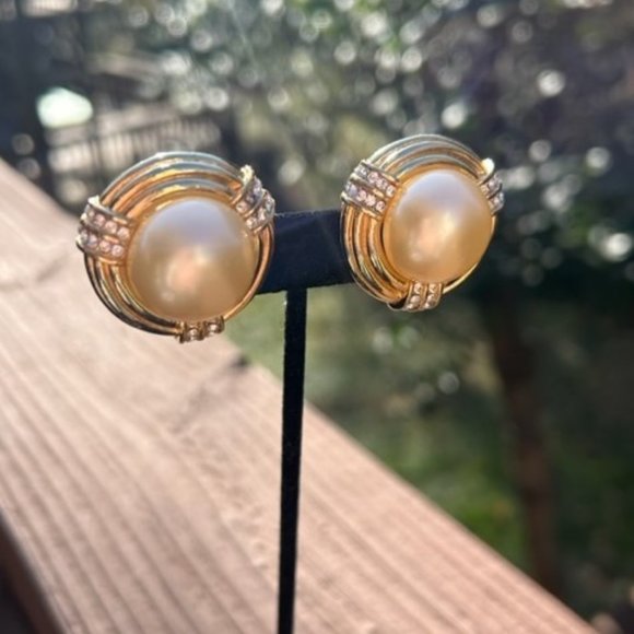 CINER - Large Pearl Rhinestone Statement VTG EARRINGS - Picture 8 of 12